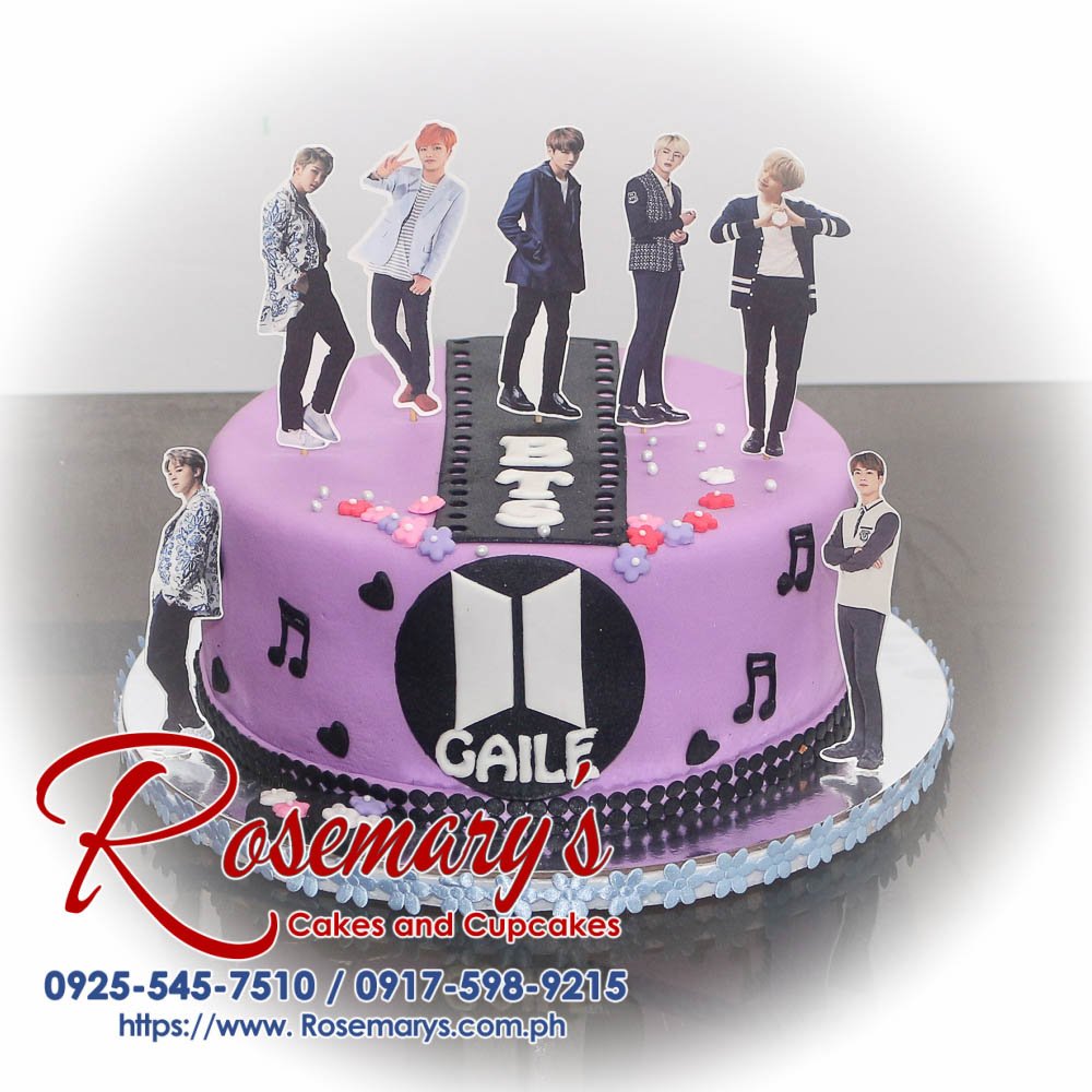 Delicious 1-layer BTS themed cake with purple frosting and Kpop details. Order your custom cake from Rosemary's Cakes! Call 0917-598-9215.