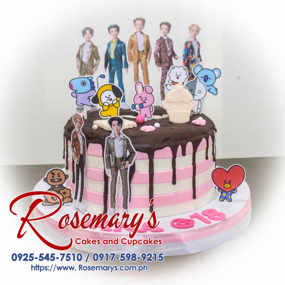 Delectable 1-layer pink cake adorned with BTS theming. Perfect for Kpop fans! Order yours from Rosemary's Cakes: 0917-598-9215.