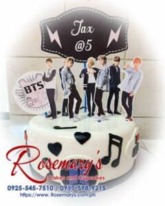 Delicious 1-layer BTS themed cake with black and white frosting. Order your custom cake from Rosemary's Cakes: 0925-545-7510.