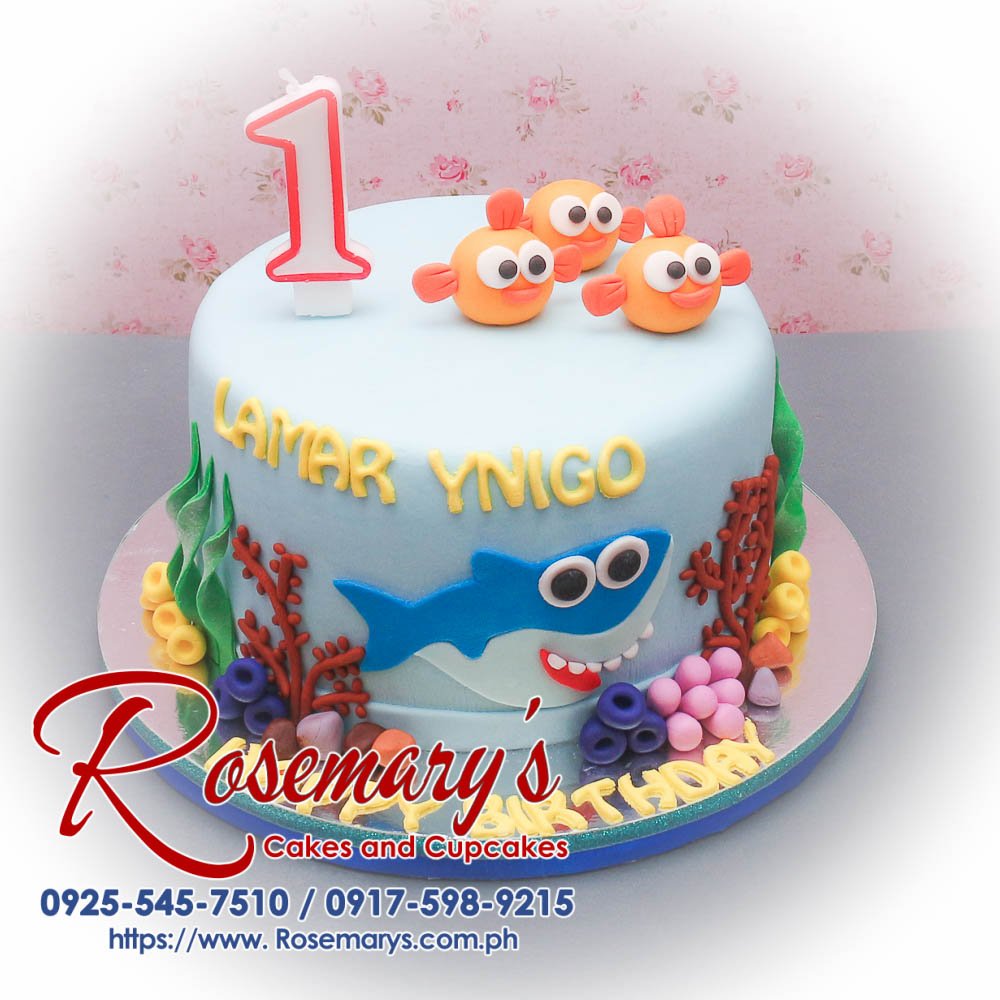 Delicious blue 1 layer Baby Shark themed cake from Rosemary's Cakes, perfect for any celebration. Contact: 0917-598-9215.