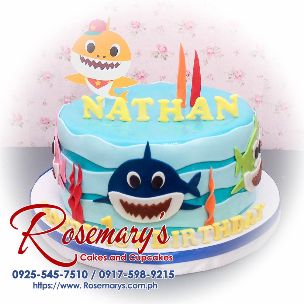 Delicious one-layer blue cake decorated with a smiling Baby Shark. Perfect for birthdays! Order yours from Rosemary's Cakes: 0917-598-9215.