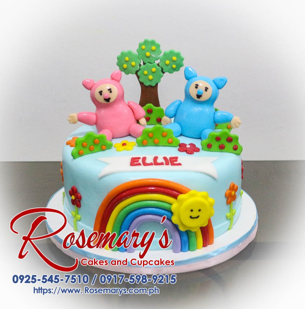 1 Layer Billy and Bam Bam Cake for Ellie Delicious 1-layer Billy & Bam-Bam cake featuring a vibrant rainbow interior and playful fondant topper. Order your custom creation from Rosemary's Cakes! Call 0925-545-7510.