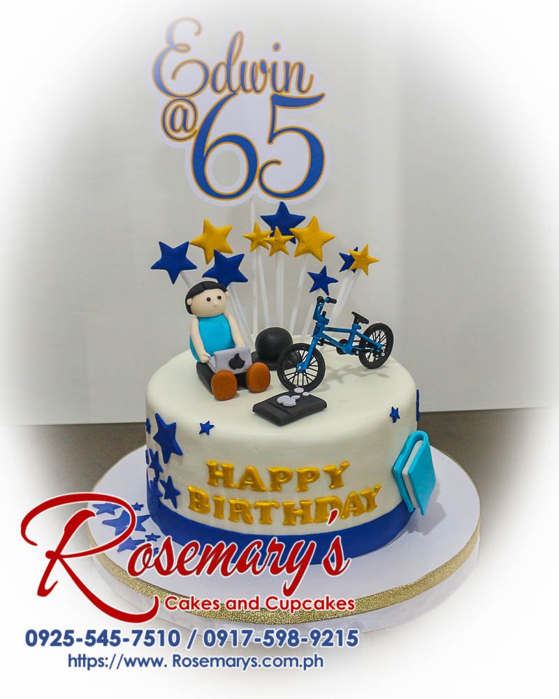 Delicious blue and gold 1-layer bike-themed cake. Perfect for celebrations! Rosemary's Cakes: 0925-545-7510