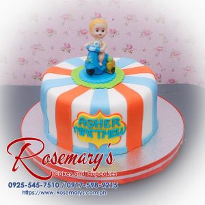 Delicious 1 layer blue themed cake with orange accents, perfect for a baby celebration. Order from Rosemary's Cakes at 0925-545-7510.