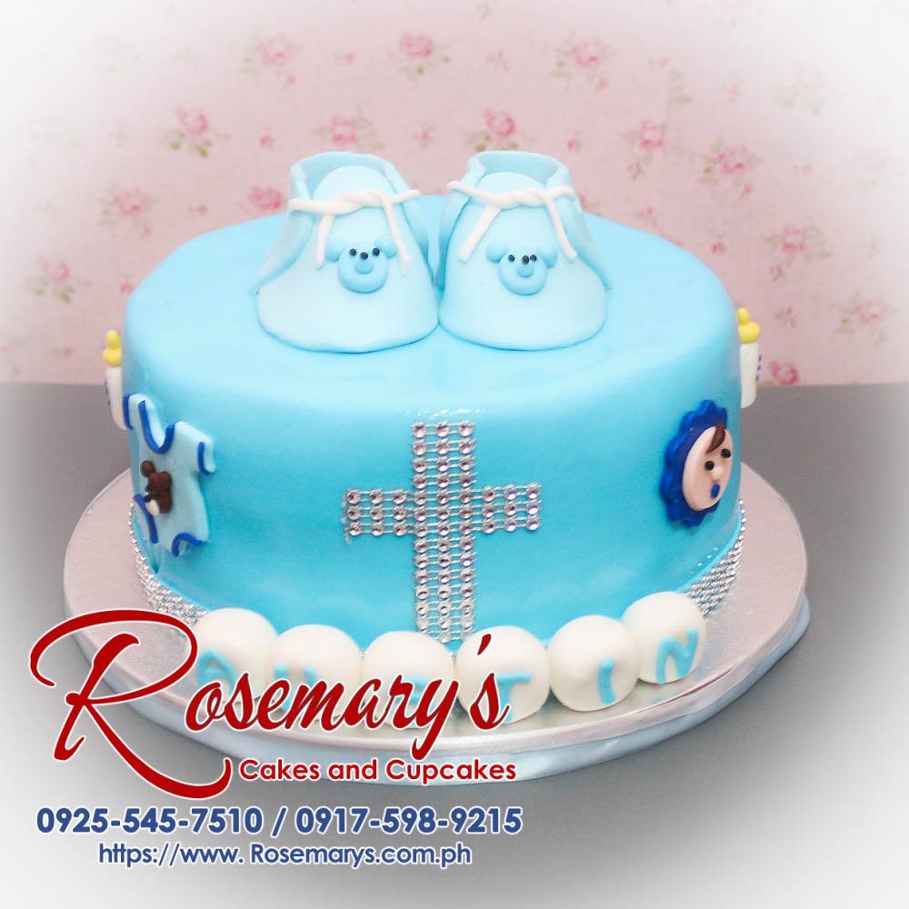 Delicious 1 layer baptismal cake decorated with blue fondant shoes, perfect for a christening. From Rosemary's Cakes, 0917-598-9215.