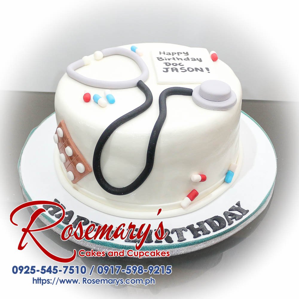1 Layer Cake for Doc Jason Delectable one-layer white cake with a medical theme, perfect for celebrating a doctor's special occasion. Order yours from Rosemary's Cakes: 0917-598-9215.