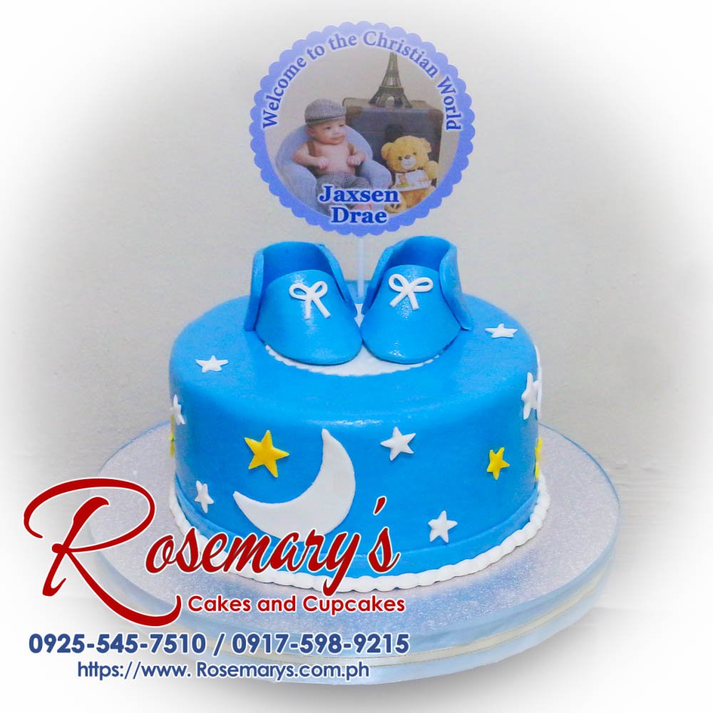 A beautifully decorated 1-layer cake for a baptismal celebration, showcasing delicious details by Rosemary's Cakes. Contact: 0925-545-7510.