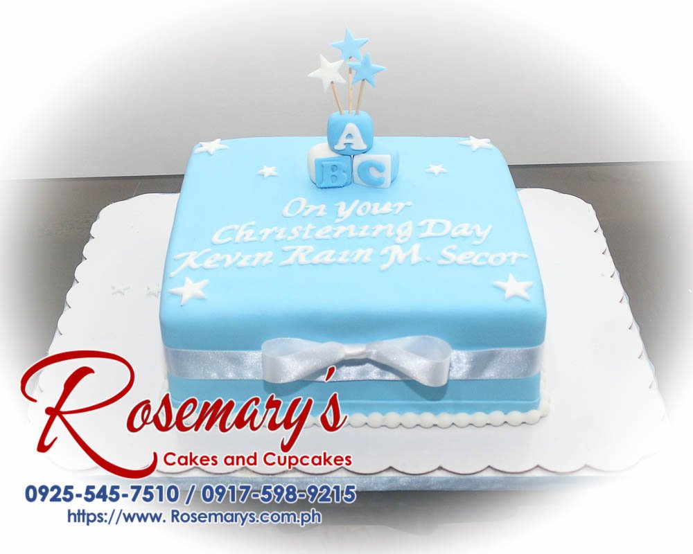 1 Layer Cake for Kevin Rain’s Christening Delectable one-layer blue christening cake adorned with a white ribbon. Perfect for baptismal celebrations! Order yours from Rosemary's Cakes: 0917-598-9215