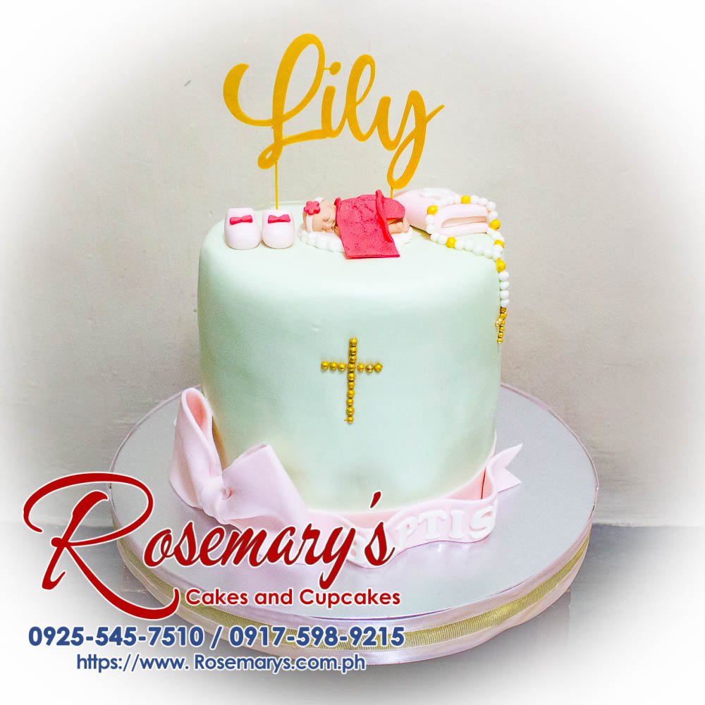 Delectable one-layer baptism cake adorned with delicate white icing and sugar flowers. Order yours from Rosemary's Cakes: 0925-545-7510.