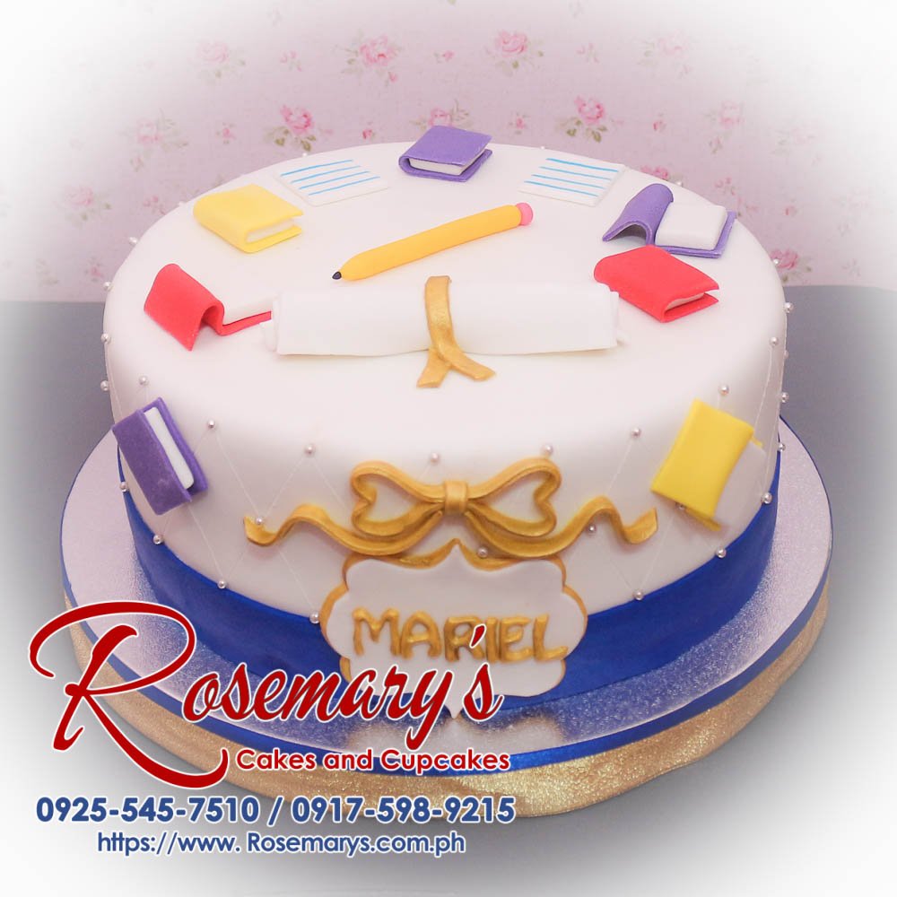 Delicious 1 layer graduation cake with book decorations, perfect for celebrating achievements. From Rosemary's Cakes, call 0925-545-7510.