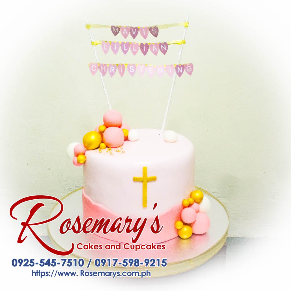 Delicious one-layer pink christening cake with delicate floral details. Order your custom cake from Rosemary's Cakes: 0917-598-9215.