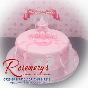 Delicious 1 layer pink themed cake for a christening, adorned with blocks and a cute footprint. Order from Rosemary's Cakes at 0917-598-9215.