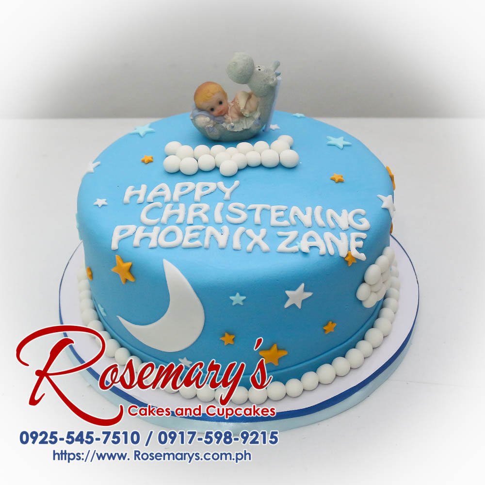 Stunning blue-themed christening cake with delicate white accents. Perfect for baptismal celebrations. Order yours from Rosemary's Cakes: 0917-598-9215.
