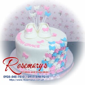 One-layer blue and pink christening cake adorned with delicate butterflies. Delicious and perfect for celebrating special occasions. Order yours from Rosemary's Cakes: 0917-598-9215