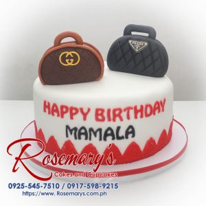 Scrumptious 1-layer cake adorned with intricate fondant Gucci & Prada bag toppers. Perfect for fashion lovers! Order yours from Rosemary's Cakes: 0917-598-9215.