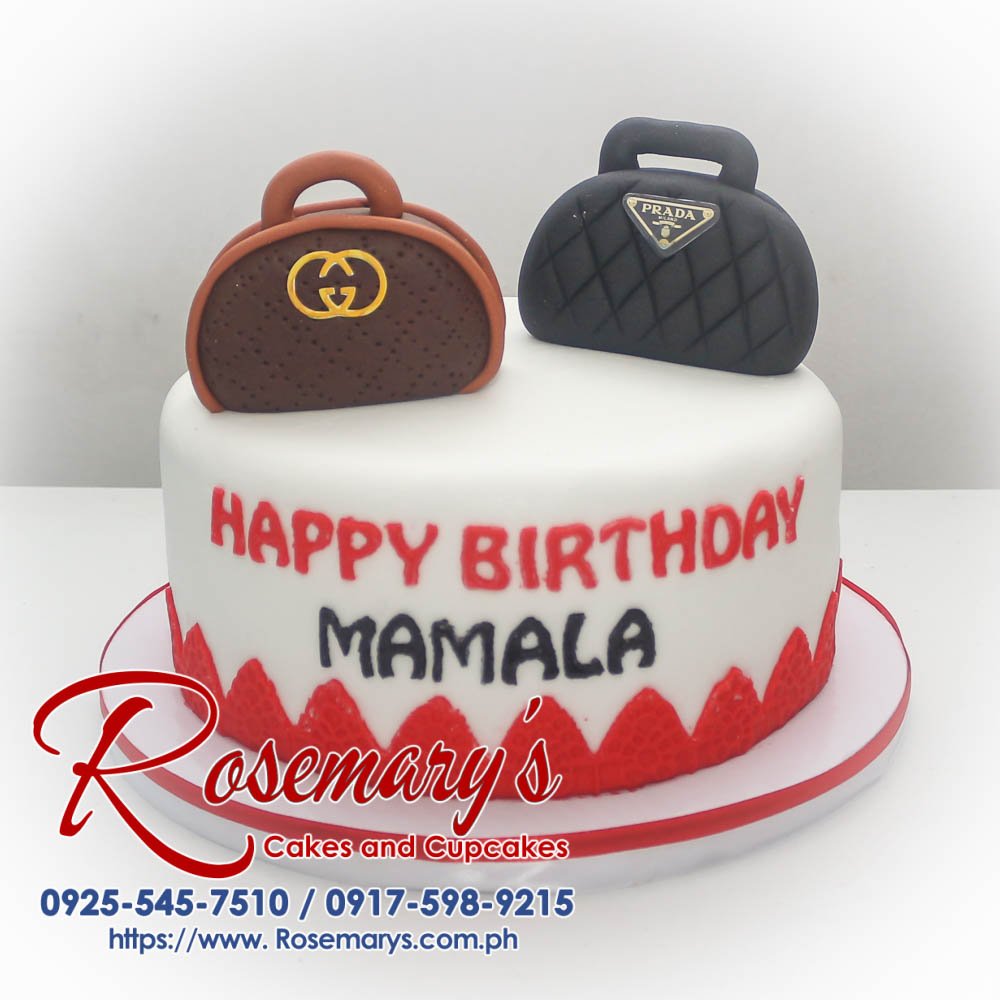 1 Layer Cake with Fondant Gucci and Prada Bag Toppers Scrumptious 1-layer cake adorned with intricate fondant Gucci & Prada bag toppers. Perfect for fashion lovers! Order yours from Rosemary's Cakes: 0917-598-9215.