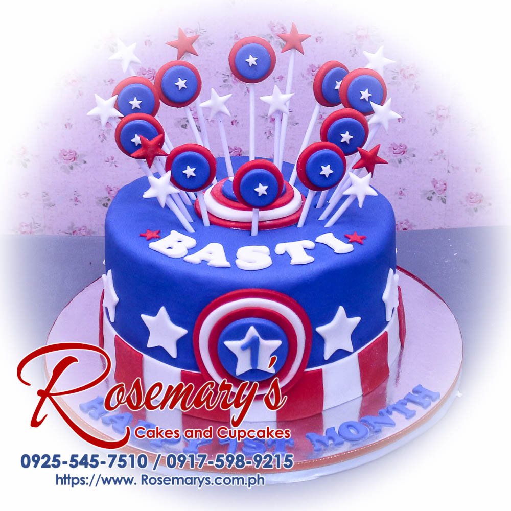 1 Layer Captain America Cake for Basti Red, white, and blue 1-layer Captain America themed cake with detailed frosting. Order your custom cake from Rosemary's Cakes! Call 0925-545-7510.