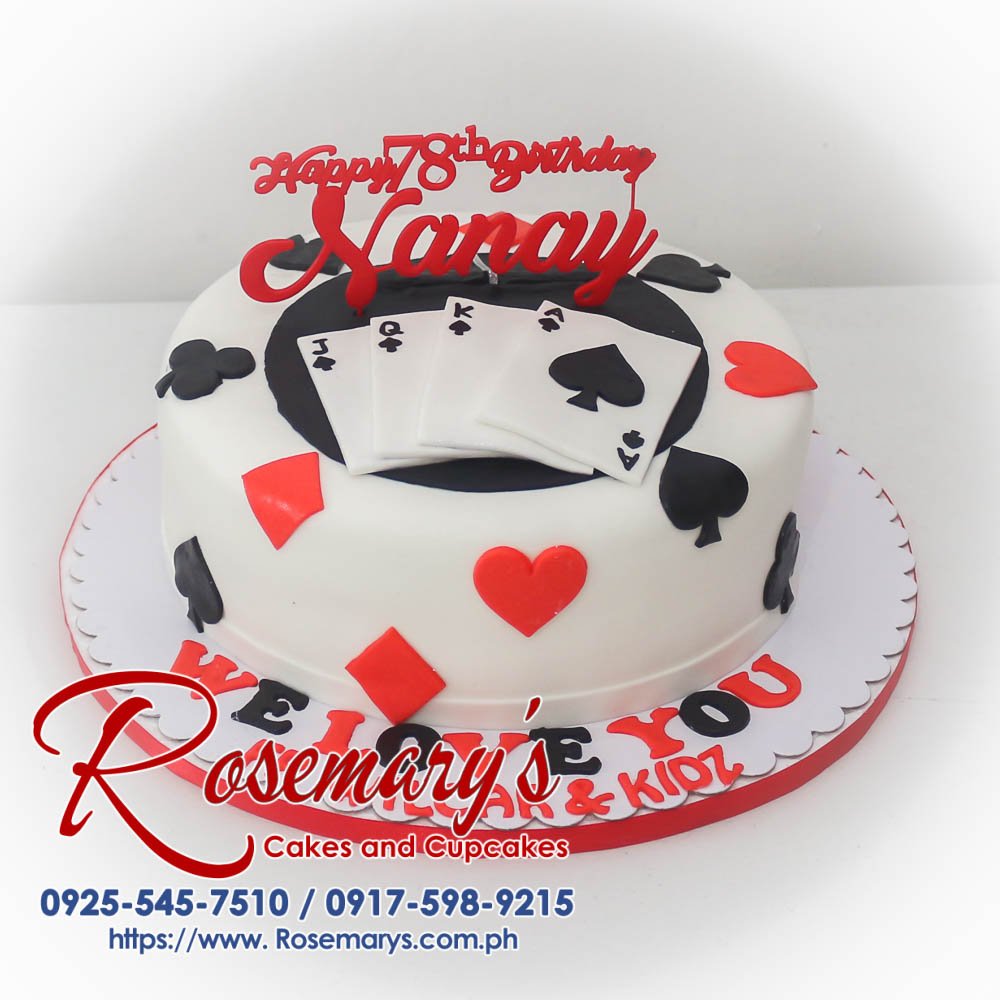 Delicious red and white 1-layer cake with a custom 3D printed card-themed topper. Order your own unique creation from Rosemary's Cakes! Call 0917-598-9215.