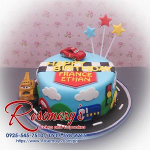 Blue 1 layer Cars themed cake decorated with Lightning McQueen, red stars, and delicious frosting. Order from Rosemary's Cakes at 0925-545-7510.
