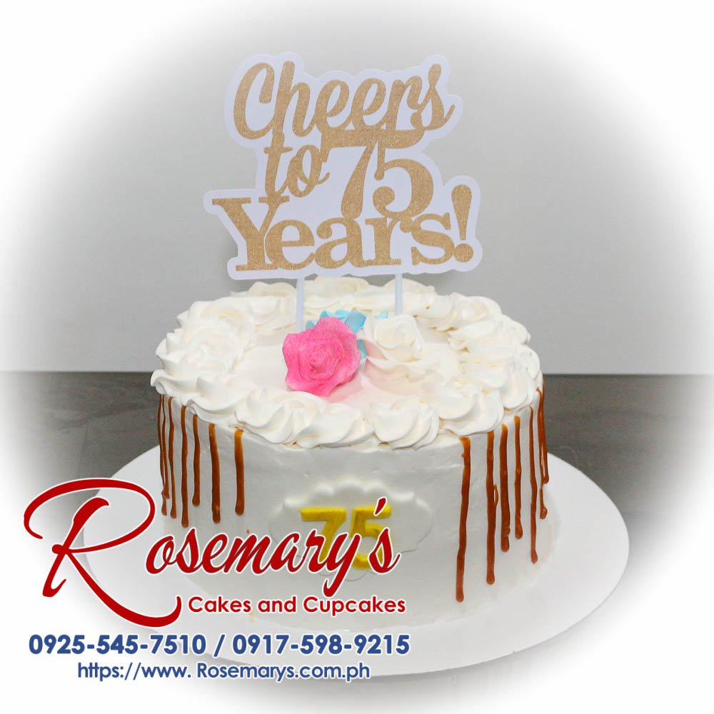 1 Layer Cheers to 75 Years Icing Cake White one-layer cake decorated with colorful