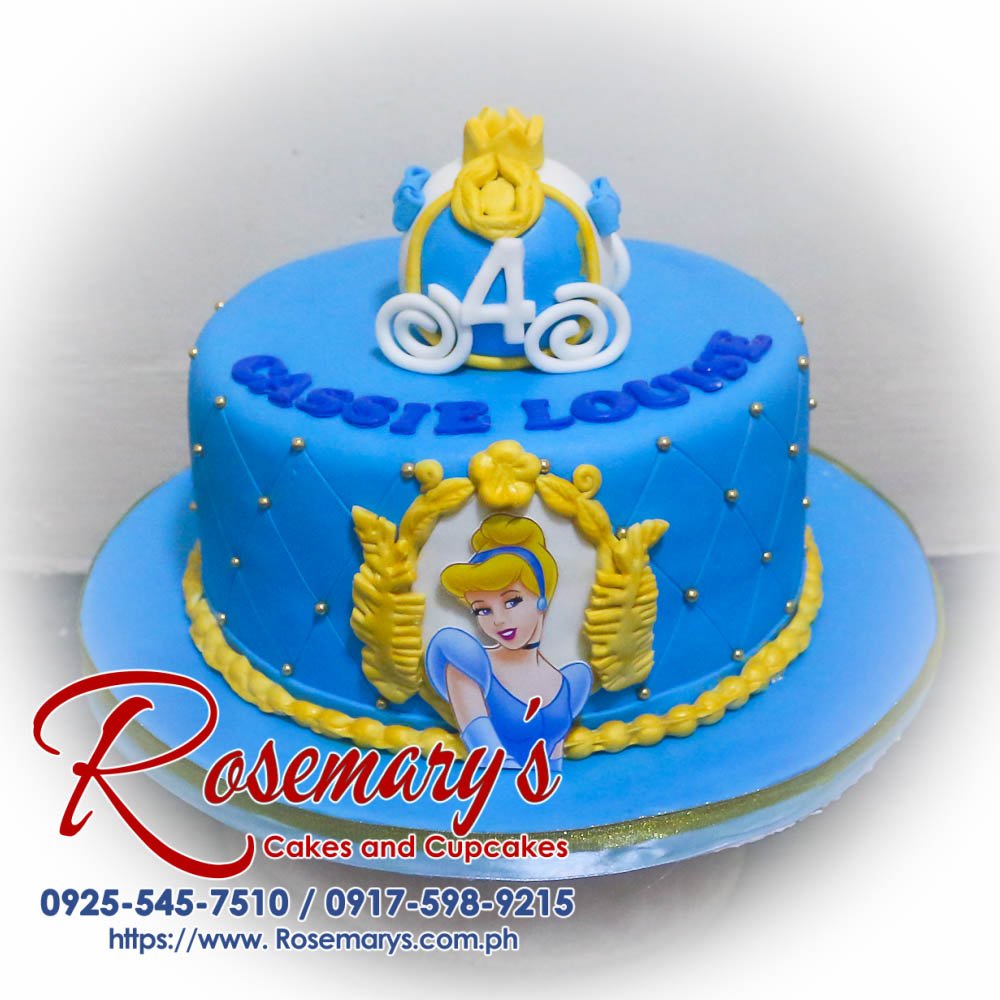 Delicious 1 layer Cinderella themed cake in blue, perfect for a wedding anniversary. From Rosemary's Cakes. Call 0925-545-7510.