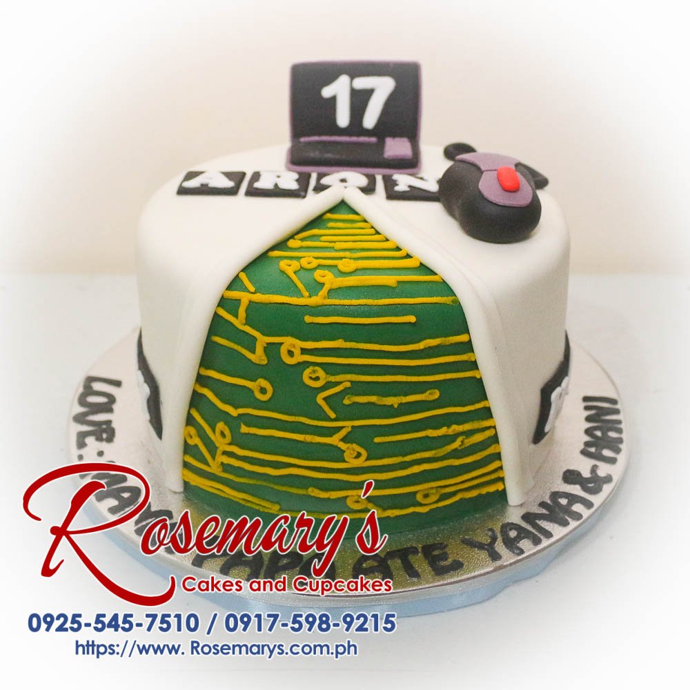 Delicious 1 layer computer themed cake with vibrant tech details by Rosemary's Cakes. Contact: 0917-598-9215.