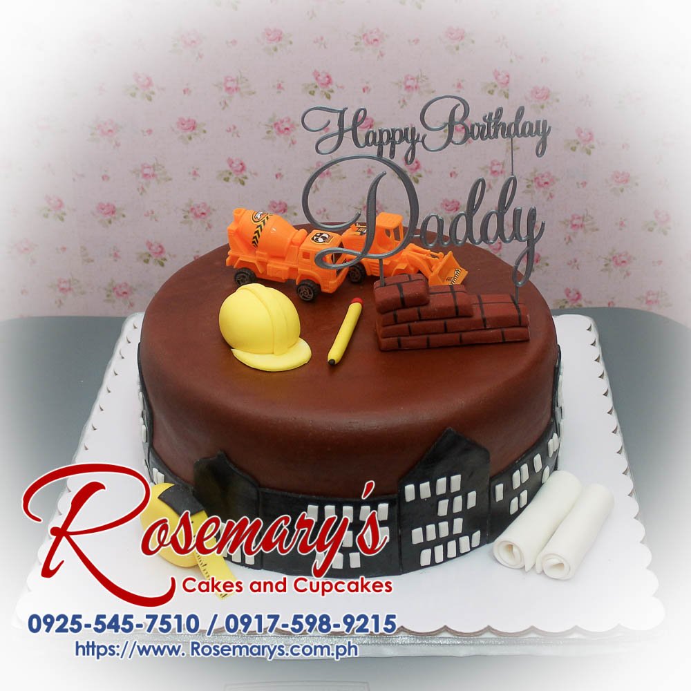 1 Layer Construction Themed Cake Delicious 1 layer construction themed cake with a brown finish and a 3D printed topper. Order from Rosemary's Cakes at 0925-545-7510.