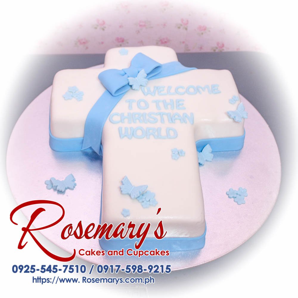 1 Layer Cross Cake for Baptismals-Chirstenings Delectable 1-layer white cake adorned with a silver cross, perfect for baptisms and christenings. Order yours from Rosemary's Cakes: 0925-545-7510.