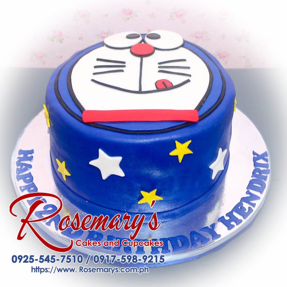 Delicious 1-layer blue Doraemon-themed cake with intricate details. Order yours from Rosemary's Cakes! Call 0917-598-9215.