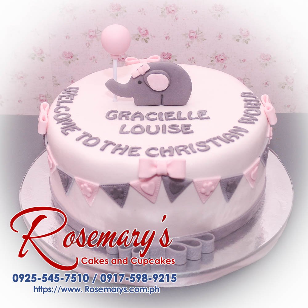 Delicious 1 layer elephant themed cake in pink and silver, perfect for a christening. From Rosemary's Cakes. Contact: 0925-545-7510.