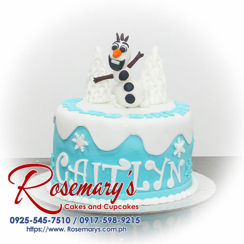 Delicious 1-layer blue cake with a Frozen theme featuring Olaf. Perfect for birthdays! Order yours from Rosemary's Cakes: 0925-545-7510