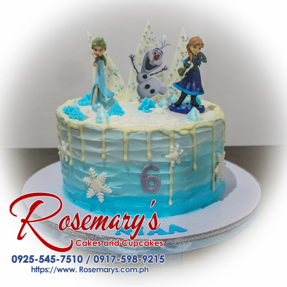 1 Layer Frozen Themed Cake for Niaa’s 6th Birthday Delicious 1-layer Frozen-themed cake with shimmering blue frosting and Elsa & Anna figurines. Order your custom cake from Rosemary's Cakes: 0925-545-7510