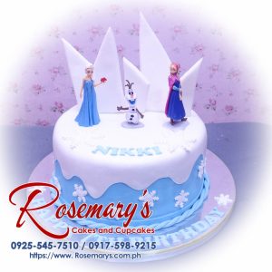 Delectable 1-layer blue "Frozen" themed cake with sparkling snowflakes. Order your custom cake from Rosemary's Cakes: 0917-598-9215