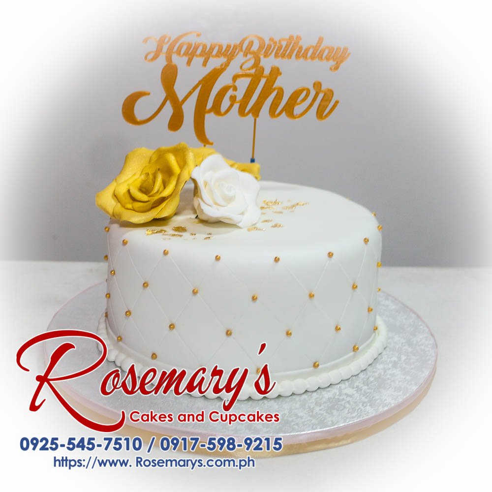 Elegant single-layer gold and white cake featuring a custom 3D-printed topper. Perfect for celebrations! Order yours from Rosemary's Cakes: 0917-598-9215.