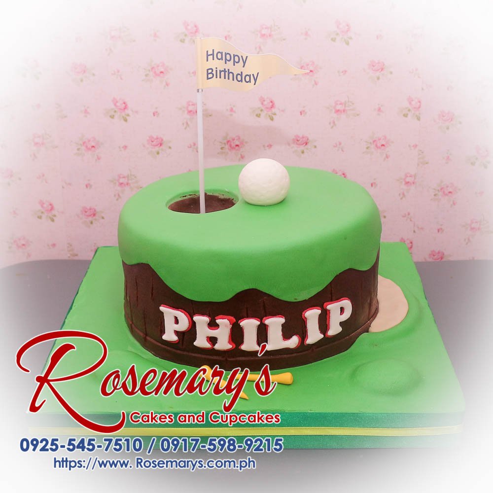 Delicious golf-themed cake with green icing, fondant golf balls, and intricate detailing. Order from Rosemary's Cakes at 0917-598-9215.