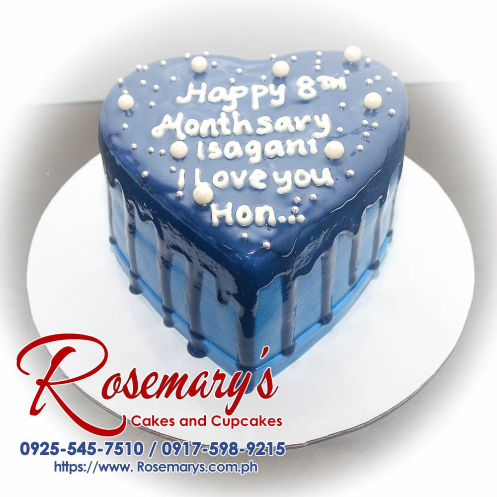 1 Layer Heart Drip Anniversary Cake Blue heart-shaped drip cake with