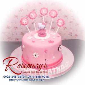 Delectable one-layer Hello Kitty cake in pink frosting. Perfect for birthdays or special occasions. Order yours from Rosemary's Cakes, 0917-598-9215.
