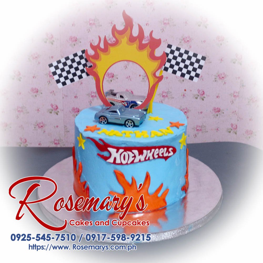 Delicious 1-layer chocolate cake with smooth buttercream icing decorated with a vibrant Hot Wheels theme. Order your custom cake from Rosemary's Cakes! Call 0925-545-7510.