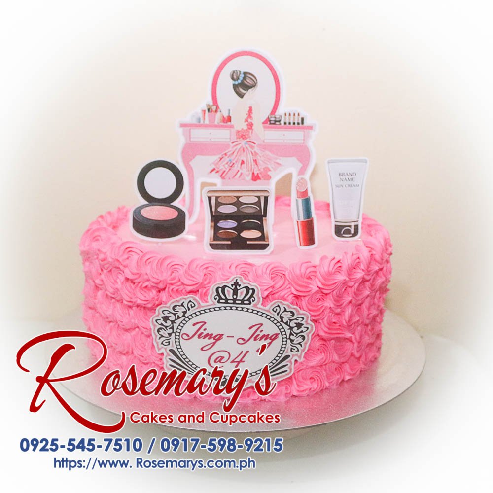 1 Layer Icing Cake for Jing jing’s 4th Birthday Delicious pink 1 layer icing cake with a makeup theme, perfect for birthdays. Order from Rosemary's Cakes: 0917-598-9215.