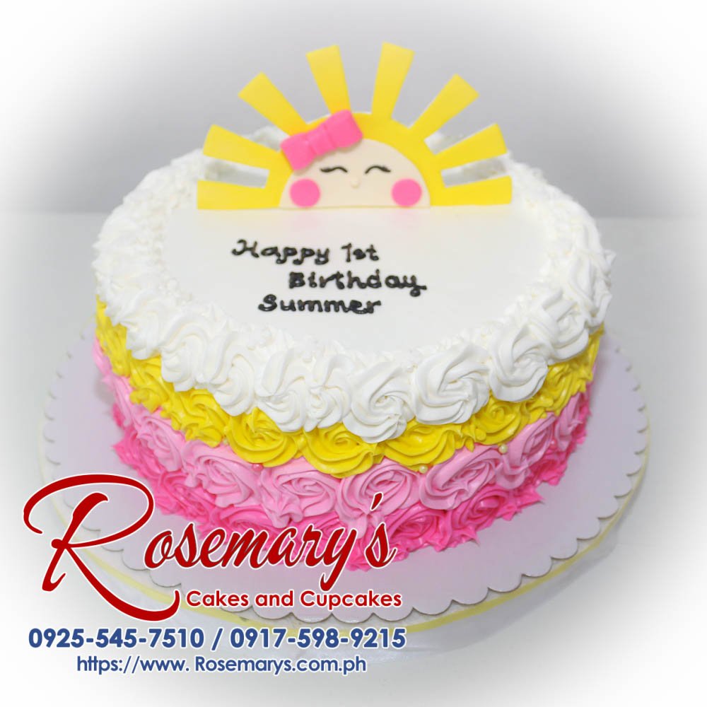 Delectable 1-layer yellow cake adorned with pink icing and a cheerful sun design. Perfect for summer celebrations! By Rosemary's Cakes: 0917-598-9215