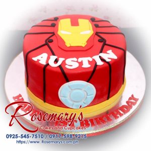 Red and gold 1-layer Iron Man cake with detailed fondant design. Custom cakes by Rosemary's Cakes | 0925-545-7510