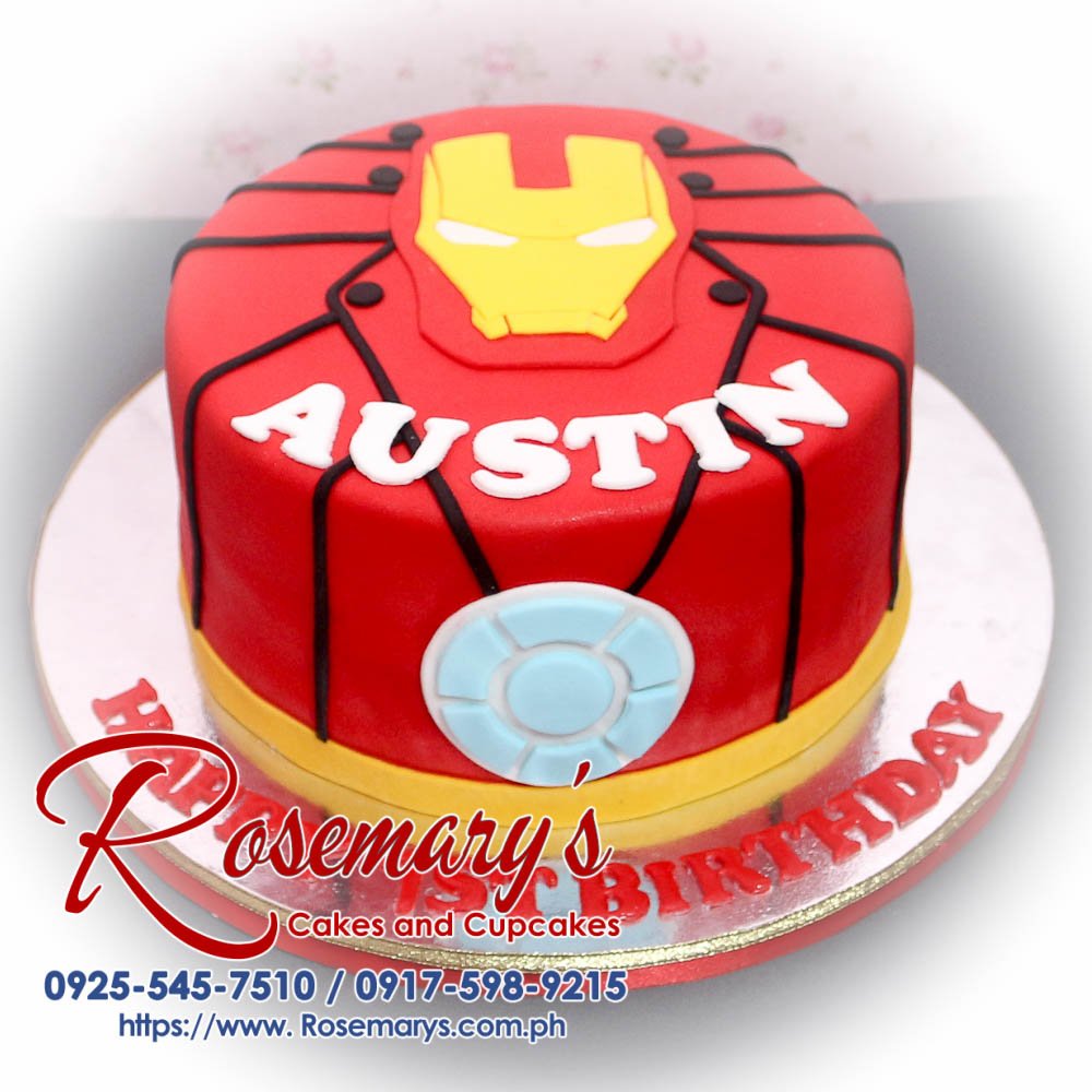 Red and gold 1-layer Iron Man cake with detailed fondant design. Custom cakes by Rosemary's Cakes | 0925-545-7510