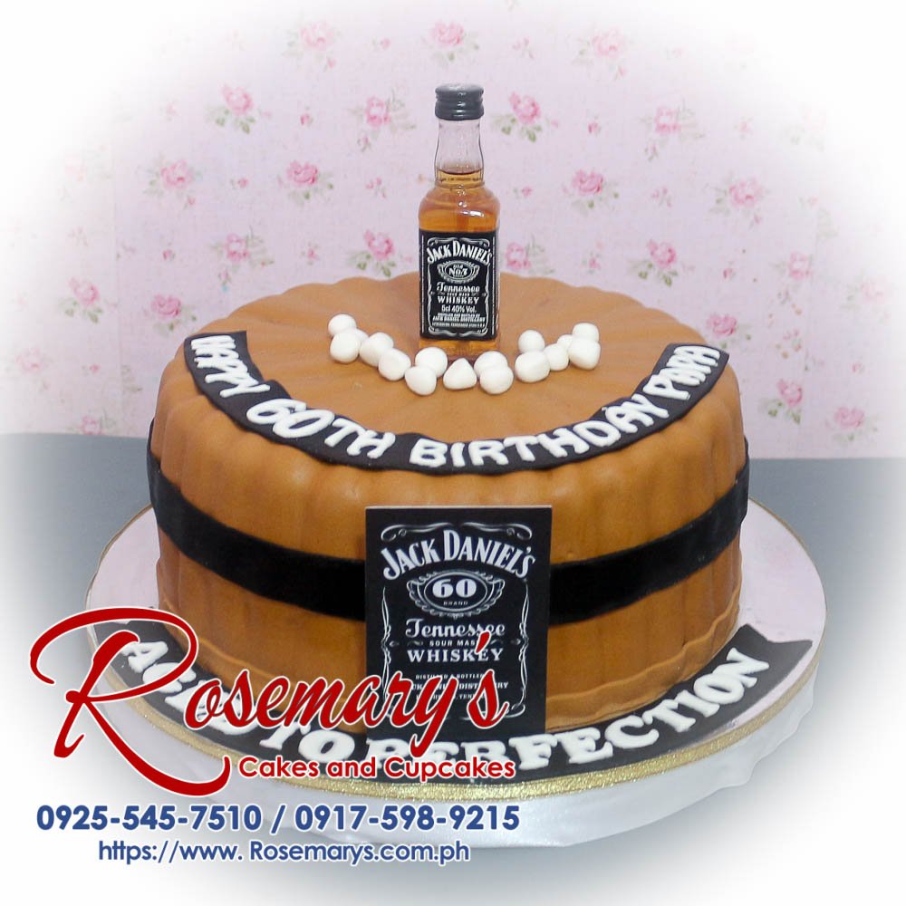 Decadent one-layer Jack Daniels cake featuring a realistic barrel design in rich brown tones. Order your themed cake from Rosemary's Cakes! Call 0925-545-7510.