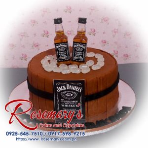 Delicious 1 layer Jack Daniels themed cake featuring a brown barrel design. Perfect for whiskey lovers! Contact Rosemary's Cakes at 0917-598-9215.