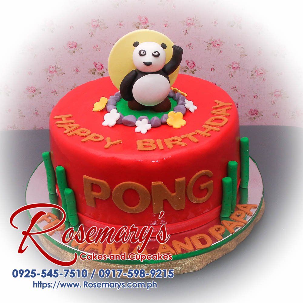 Delicious 1 layer Kungfu Panda cake with vibrant red frosting, perfect for any celebration. From Rosemary's Cakes, call 0925-545-7510.