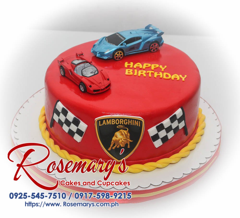 One-layer red Lamborghini-themed cake with intricate details. Order your custom cakes from Rosemary's Cakes: 0917-598-9215