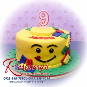Delicious 1 layer Lego-themed cake in vibrant yellow, perfect for celebrations. Order from Rosemary's Cakes at 0917-598-9215.