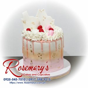 Delicious 1 layer macaron drop cake with pink accents, featuring elegant macarons and a luscious drip. Order from Rosemary's Cakes at 0925-545-7510.