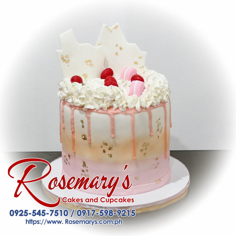 Delicious 1 layer macaron drop cake with pink accents, featuring elegant macarons and a luscious drip. Order from Rosemary's Cakes at 0925-545-7510.