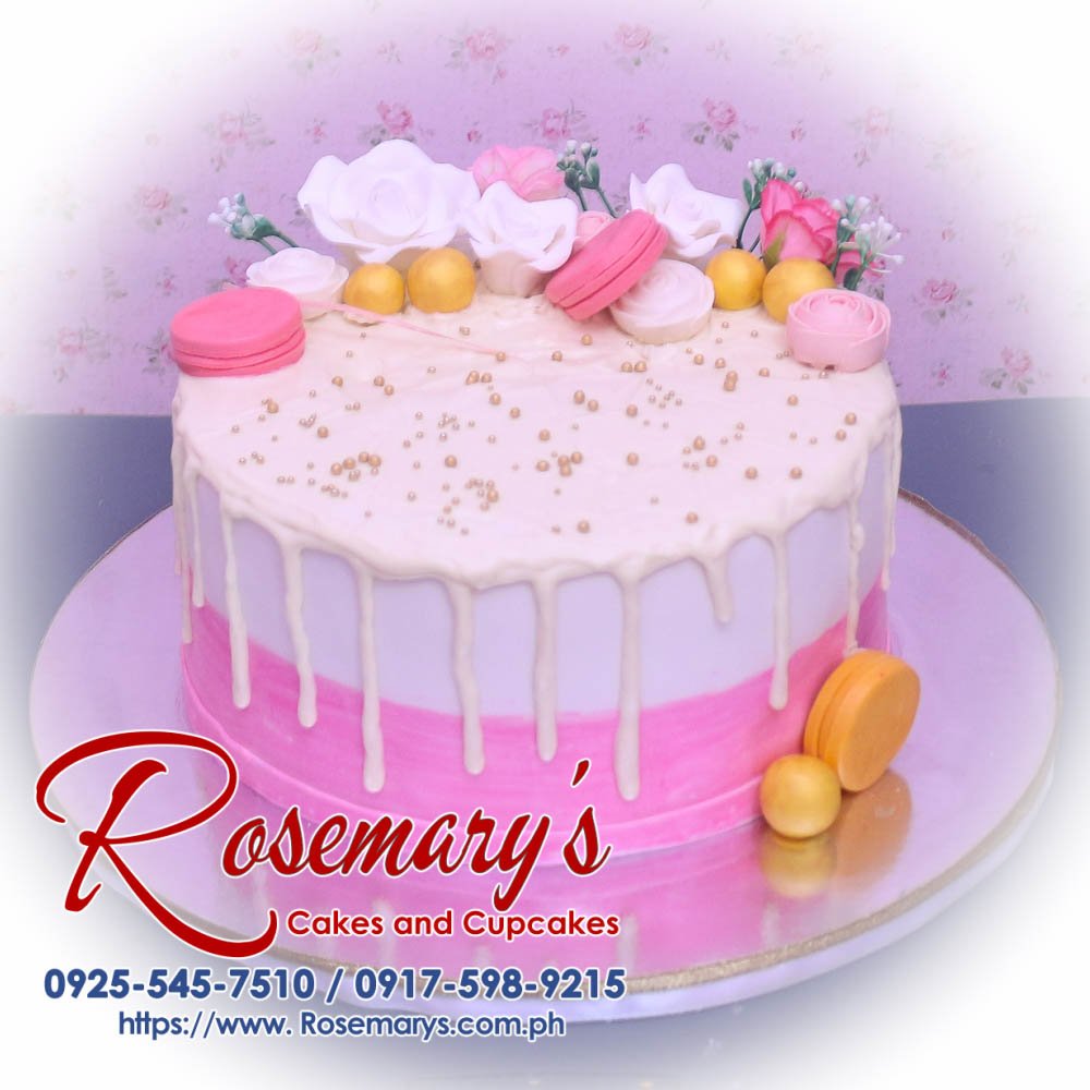 Delicious pink 1-layer macaron themed cake from Rosemary's Cakes, perfect for any celebration. Contact: 0917-598-9215.